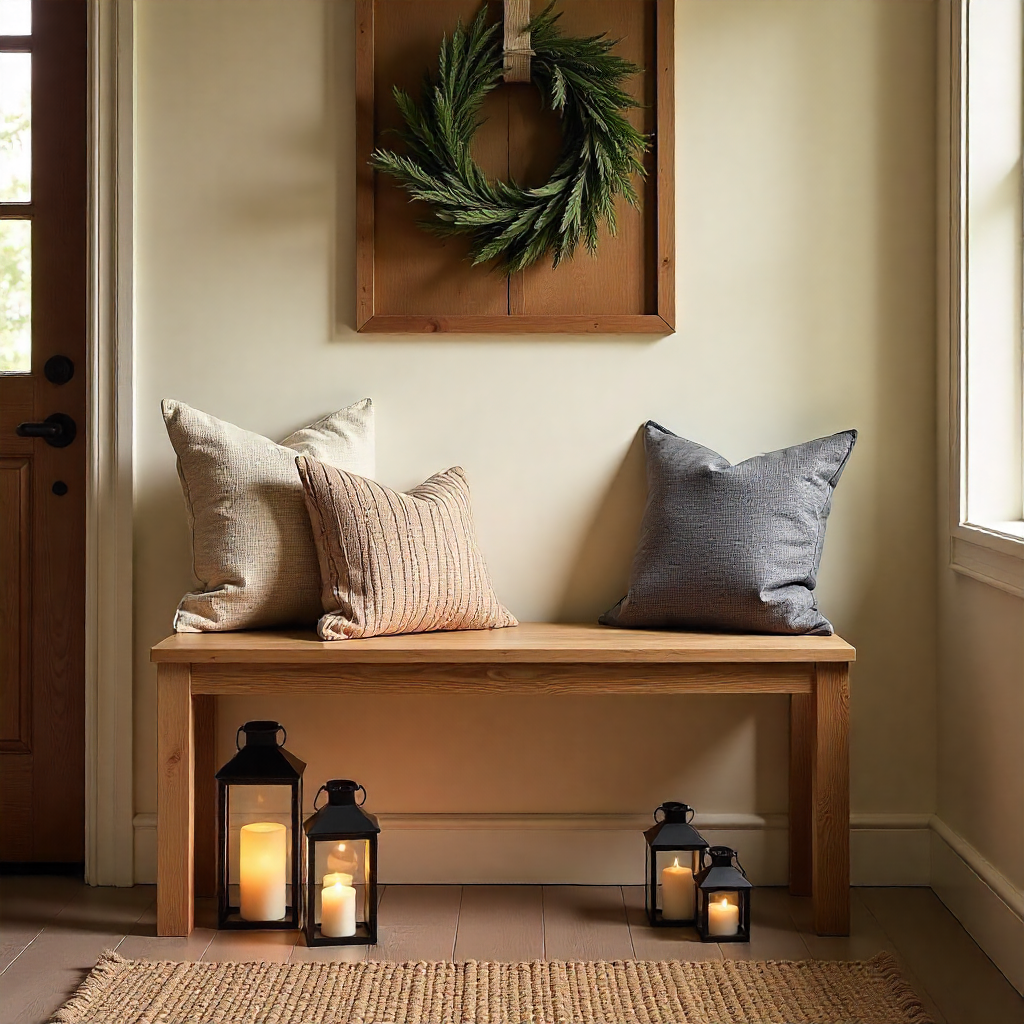 Farmhouse Bench with Lanterns