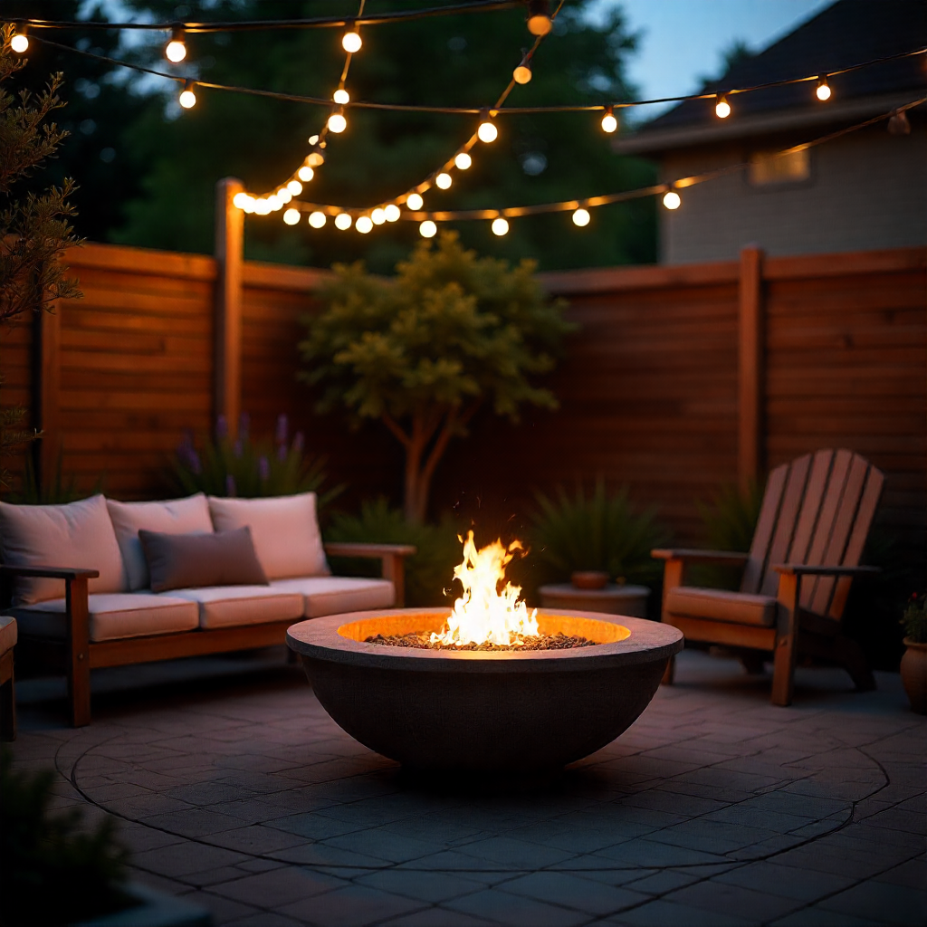 Fire Pit with String Lights Overhead