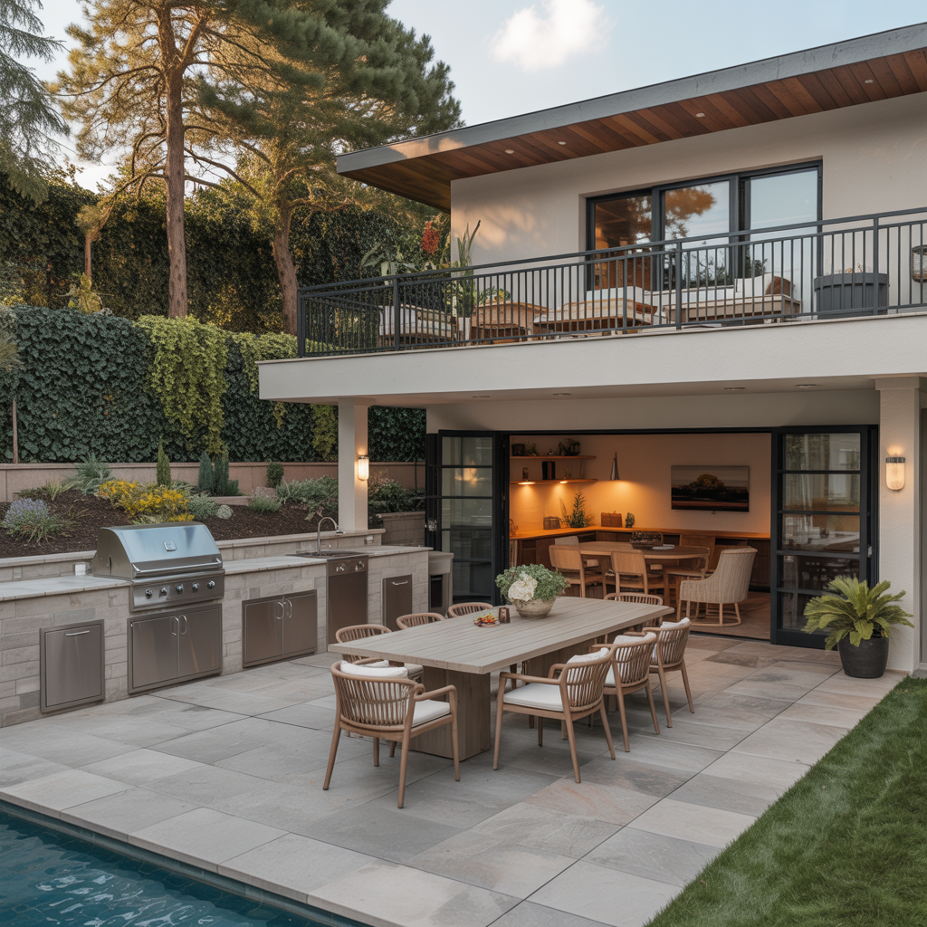 15 Best Outdoor Kitchen Ideas for Stylish Backyards 11 Multi-Level Outdoor Kitchen and Dining Area