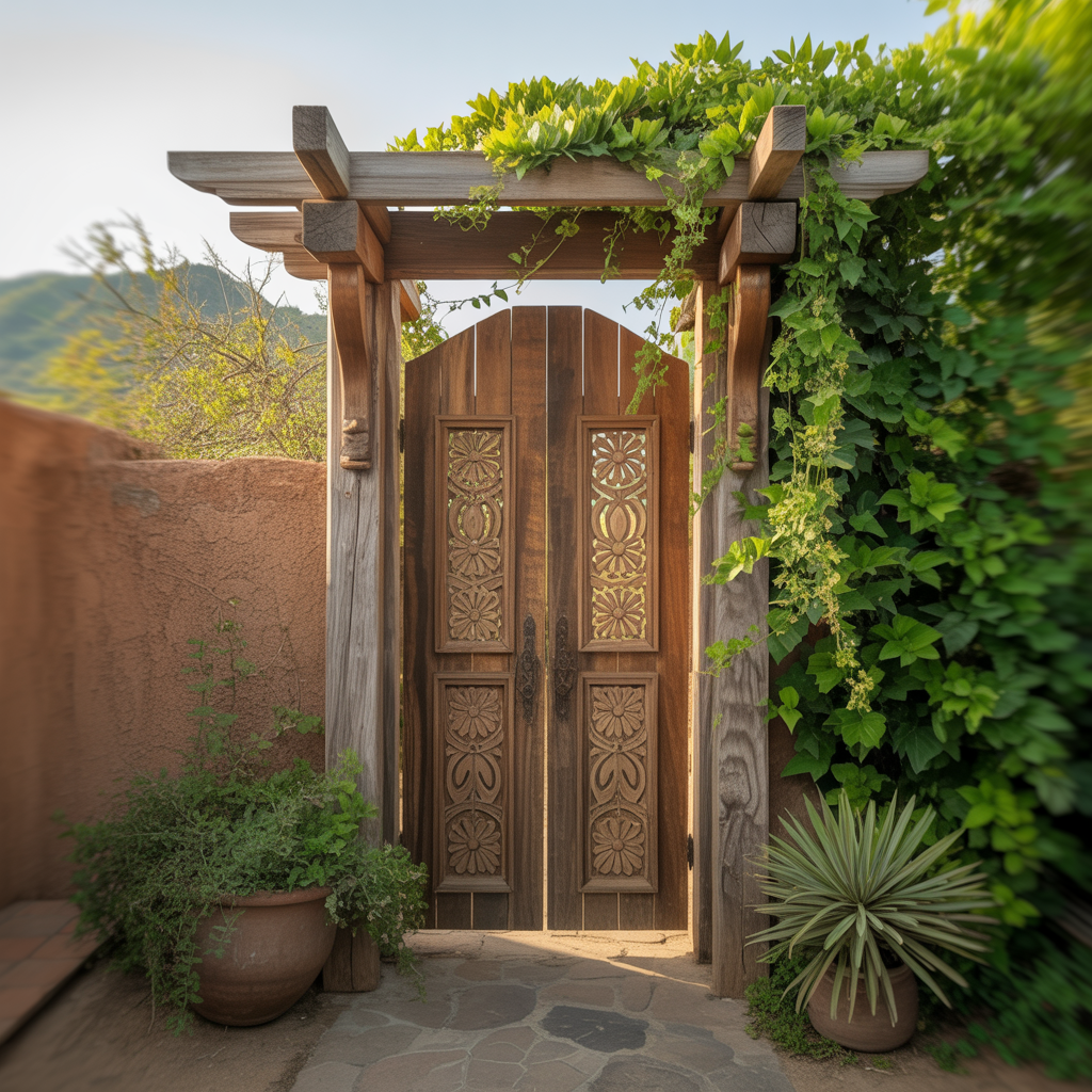 Rustic Wooden Gate with Carved Details