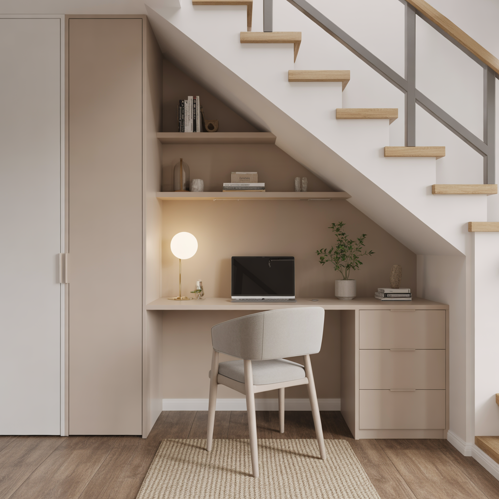 Cozy Minimalist Under Stairs Study Space