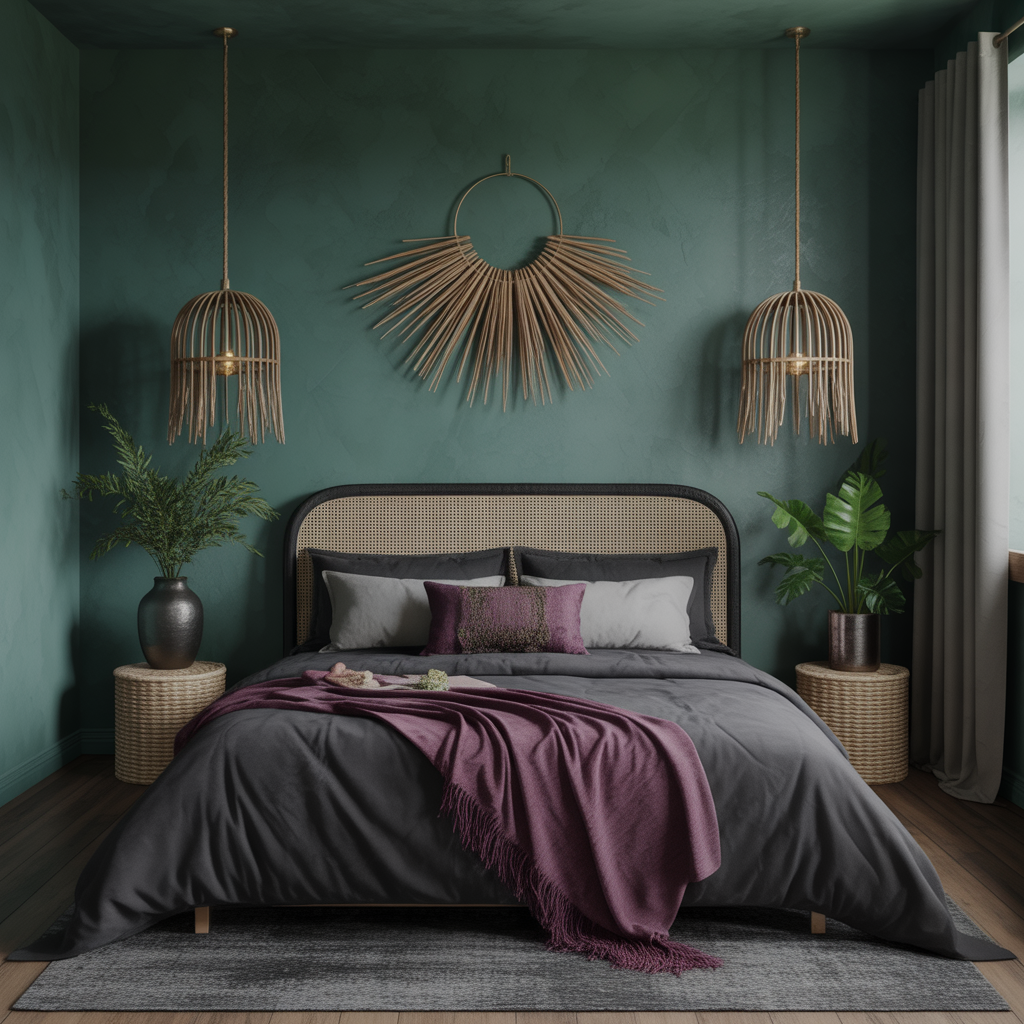 Rich Jewel-Toned Walls for a Dark Boho Bedroom