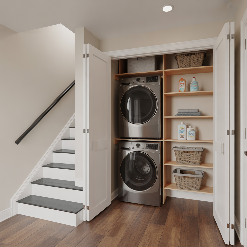 Laundry Under Stairs: 20 Creative and Practical Ideas to Maximize Space 1 Compact Laundry Closet with Sliding Doors