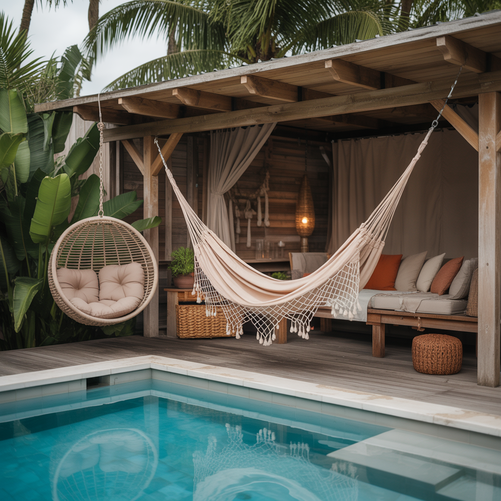 Boho Pool Area : 15 Stunning Ways to Transform Your Backyard Oasis 8 Add Hammocks and Hanging Chairs