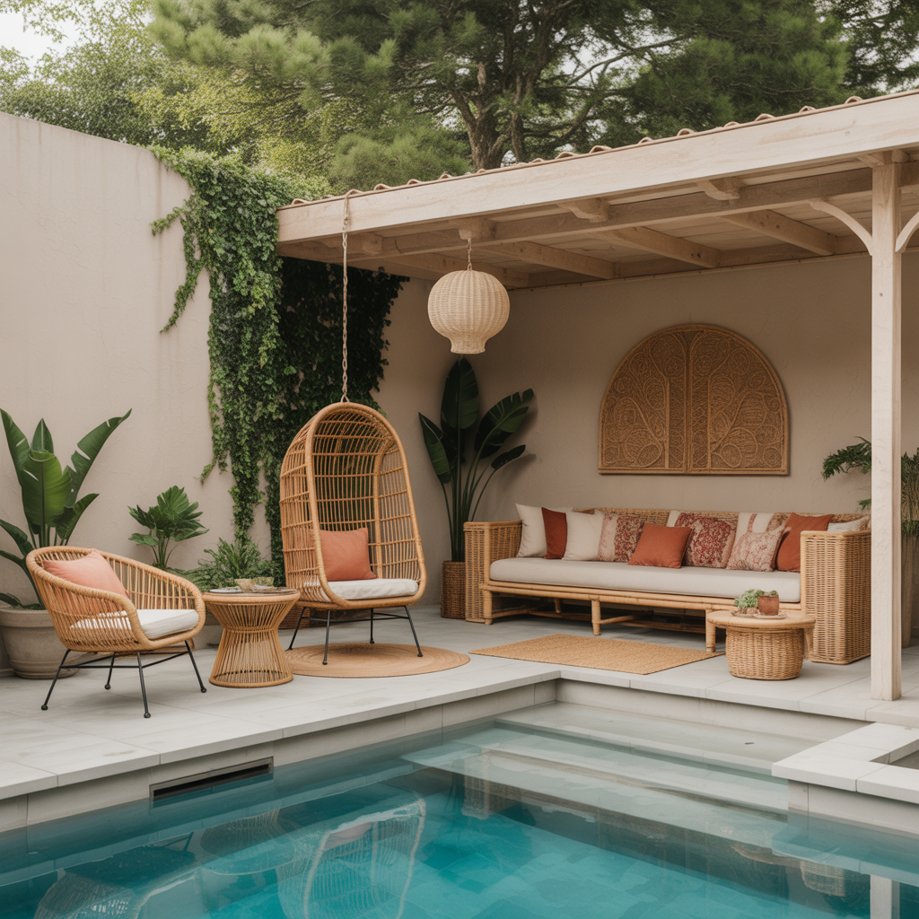 Boho Pool Area : 15 Stunning Ways to Transform Your Backyard Oasis 2 Add Rattan and Wicker Furniture
