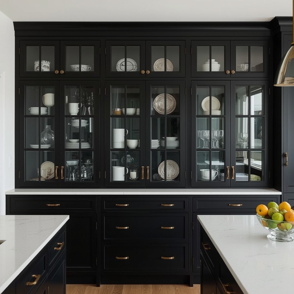 Black Japandi Kitchen: 25 Ideas for a Sophisticated Minimalist Space 22 Black-Framed Glass Cabinets
