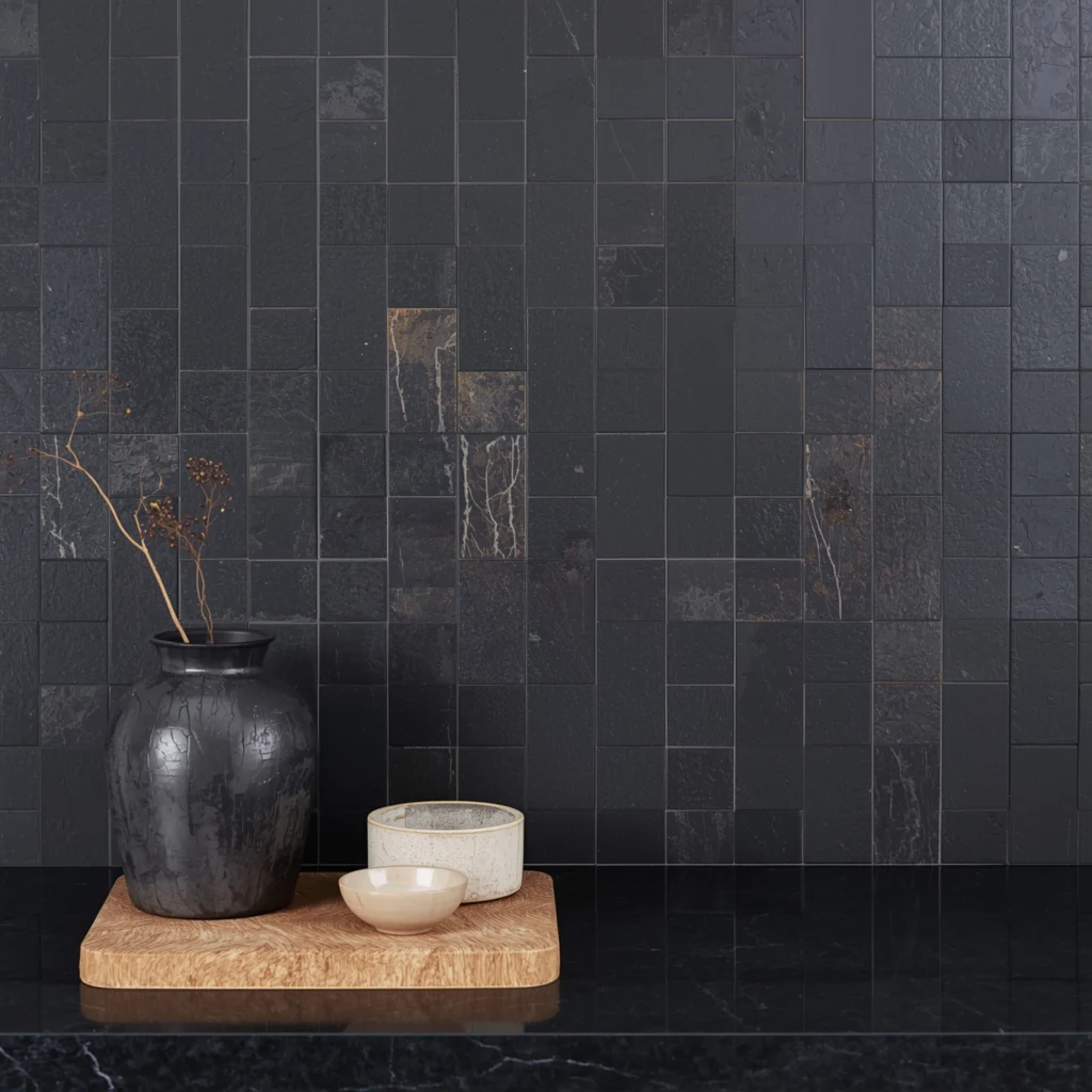 Black Japandi Kitchen: 25 Ideas for a Sophisticated Minimalist Space 8 Black and Natural Stone Backsplash