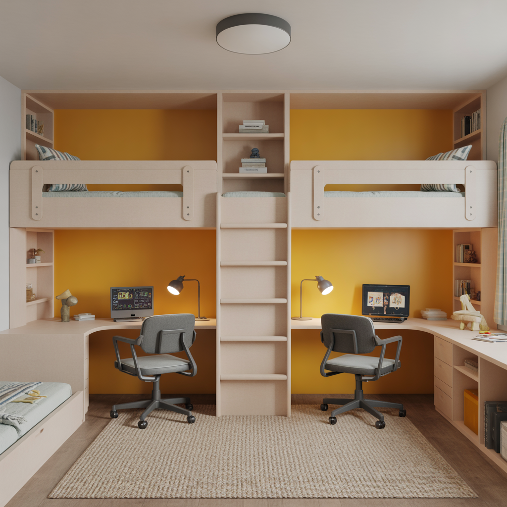 Bunk Room for Boys: 14 Creative and Practical Ideas to Maximize Space and Style 4 Built-In Desks Underneath