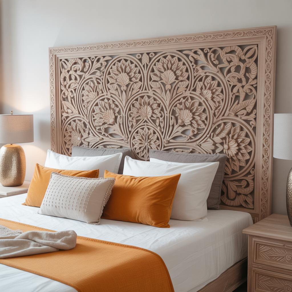 Boho Headboard: 20 Inspiring Ideas to Transform Your Bedroom 11 Carved Wooden Headboard with Intricate Patterns