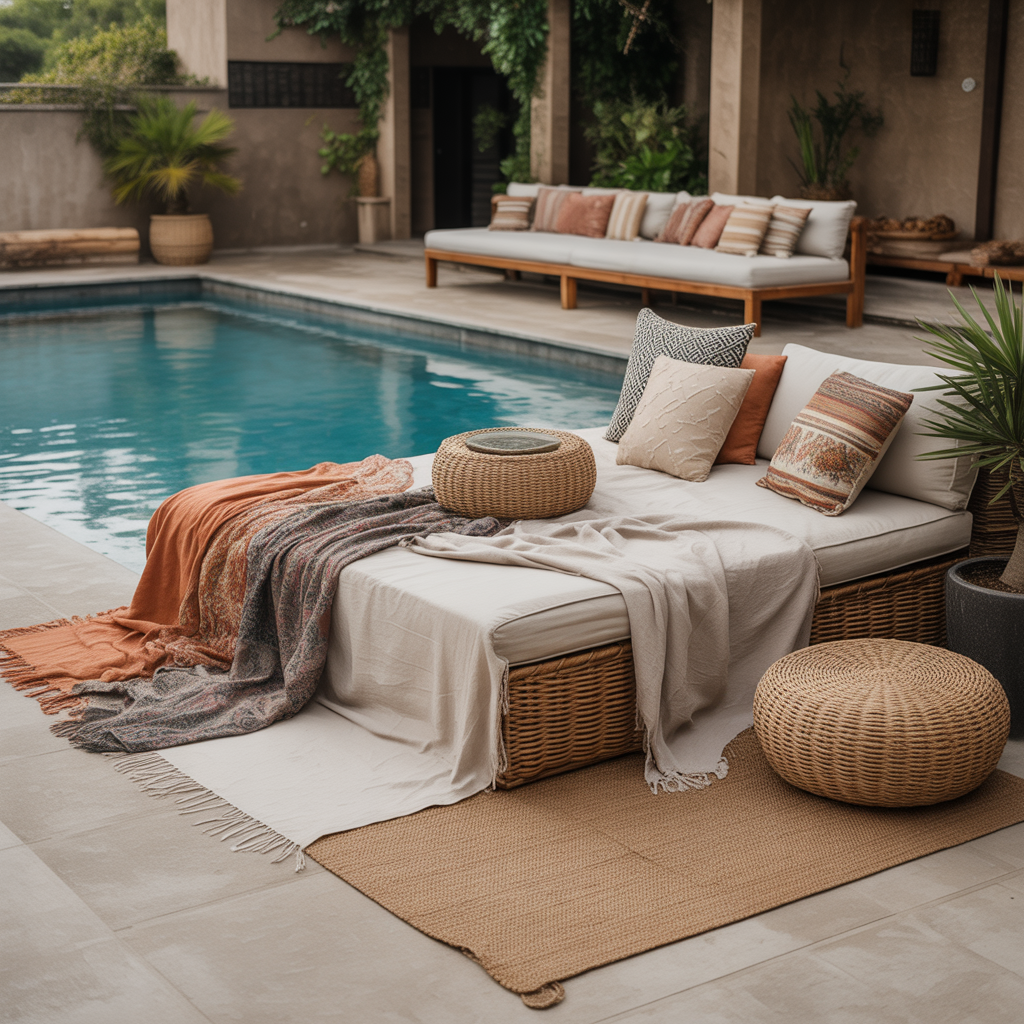 Boho Pool Area : 15 Stunning Ways to Transform Your Backyard Oasis 1 Create a Relaxing Lounge with Layered Textiles