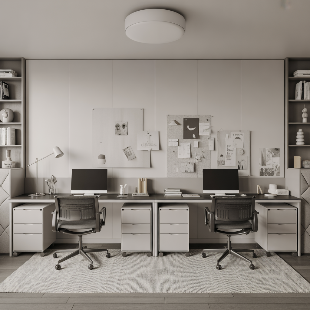 Small Home Office Double Desk :15 Ideas for smart and Productivity Style 12 Double Desk with Rolling Storage Units