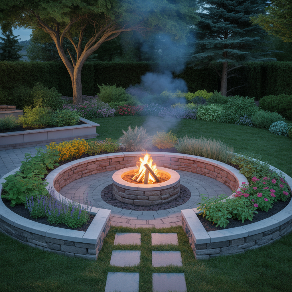 Fire Pit Surrounded by Raised Garden Beds