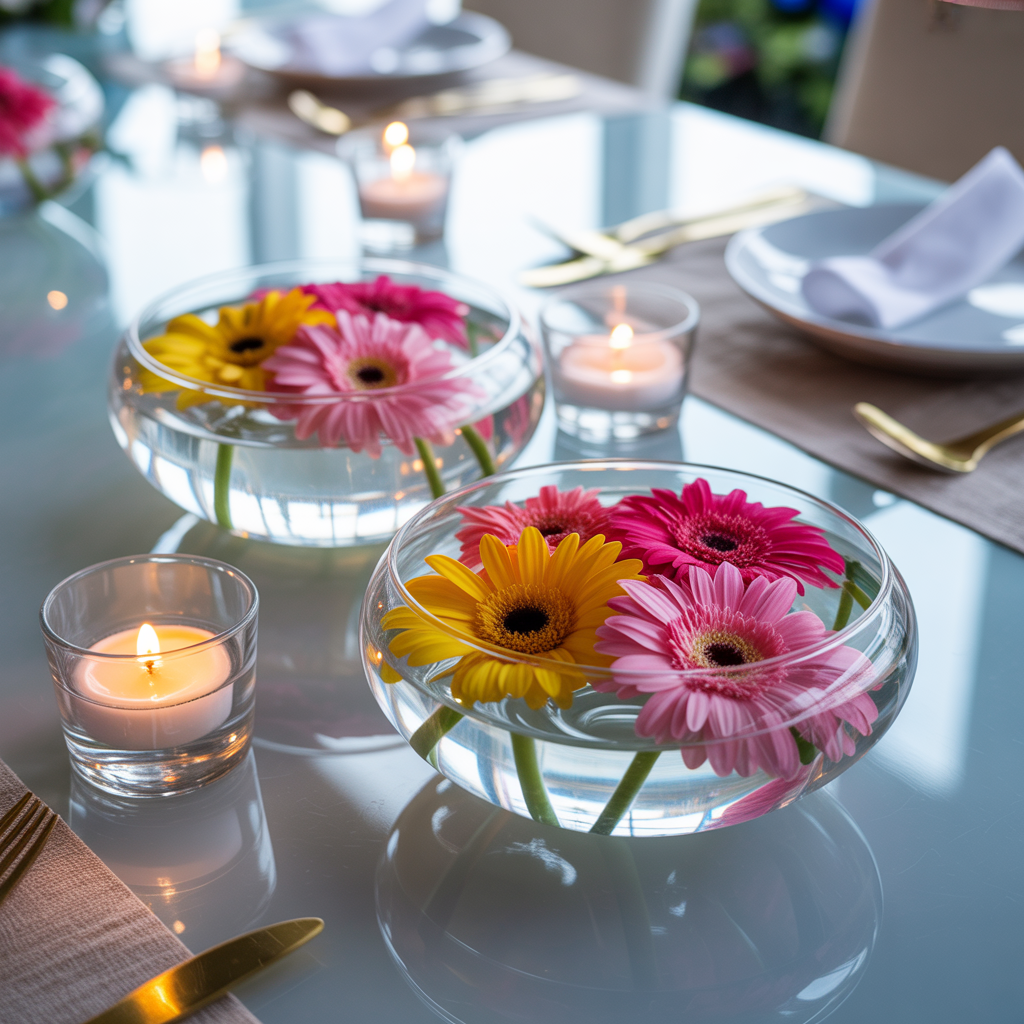 Floating Flowers in Glass Bowls