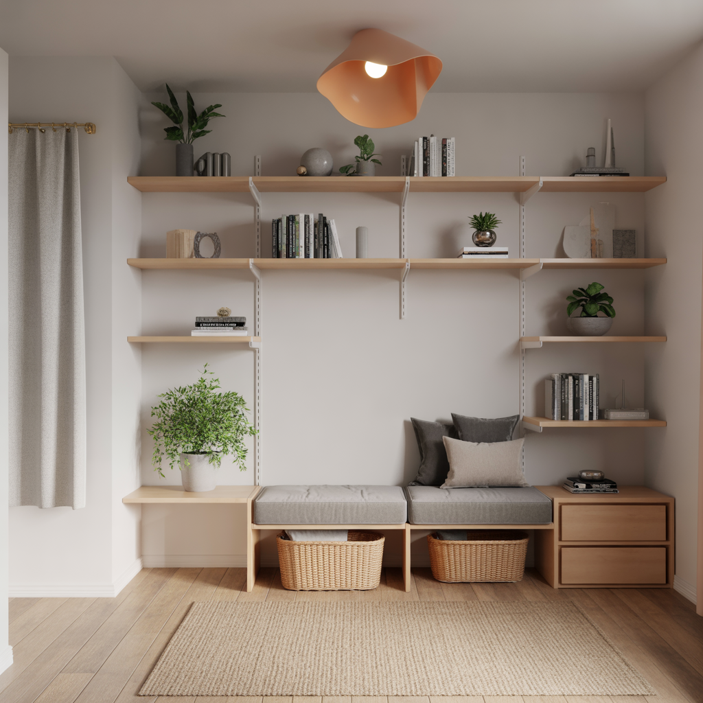 Small Bedroom Sitting Area: 15 Creative Ideas to Maximize Comfort and Style 5 Floating Shelves with Seating Below