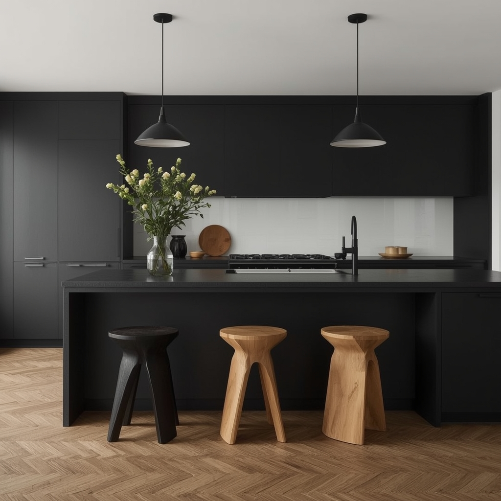 Black Japandi Kitchen: 25 Ideas for a Sophisticated Minimalist Space 25 Functional Island Seating with Sculptural Stools
