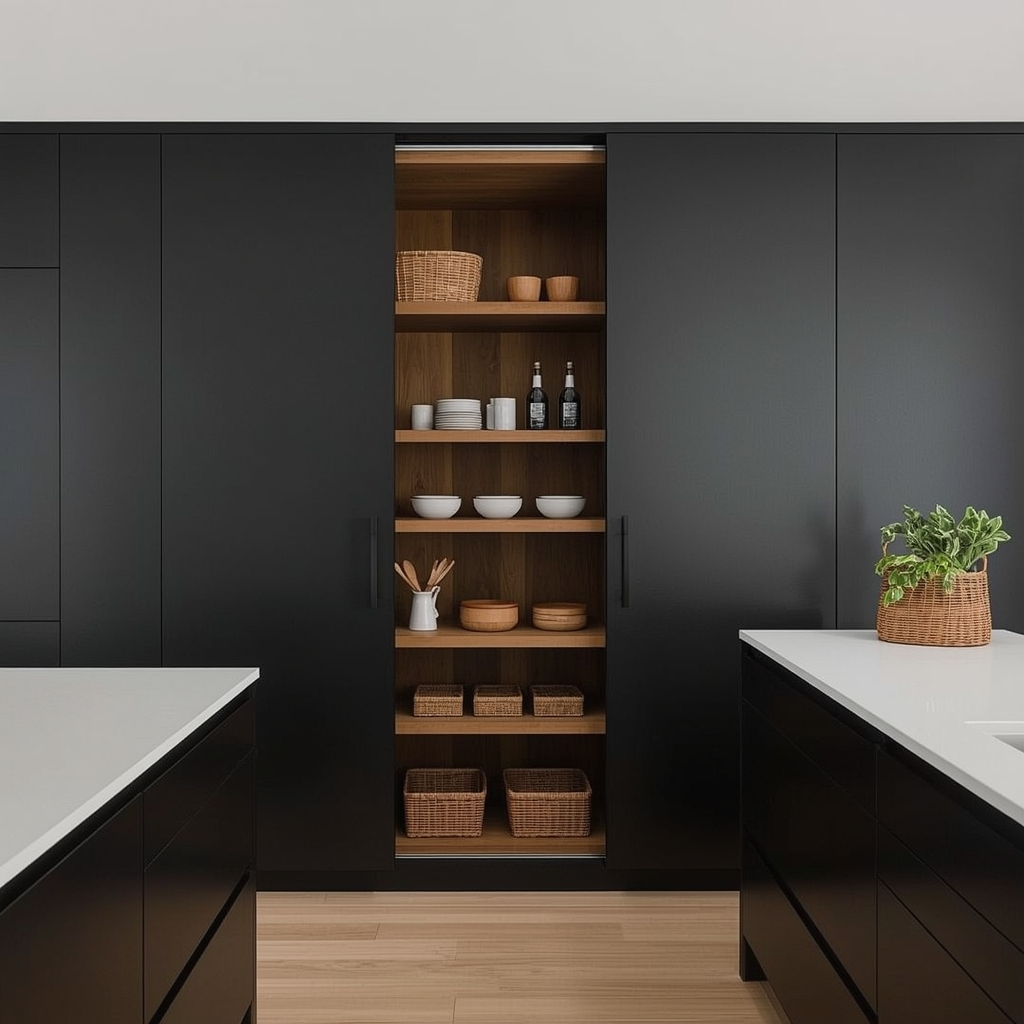 Black Japandi Kitchen: 25 Ideas for a Sophisticated Minimalist Space 17 Hidden Pantry Solutions