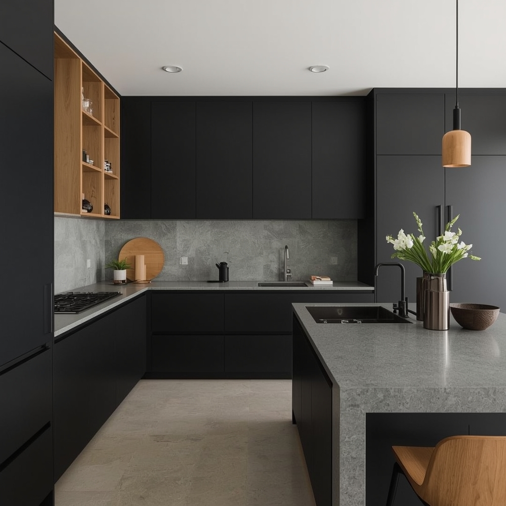 Black Japandi Kitchen: 25 Ideas for a Sophisticated Minimalist Space 13 Layered Black and Neutral Color Palette