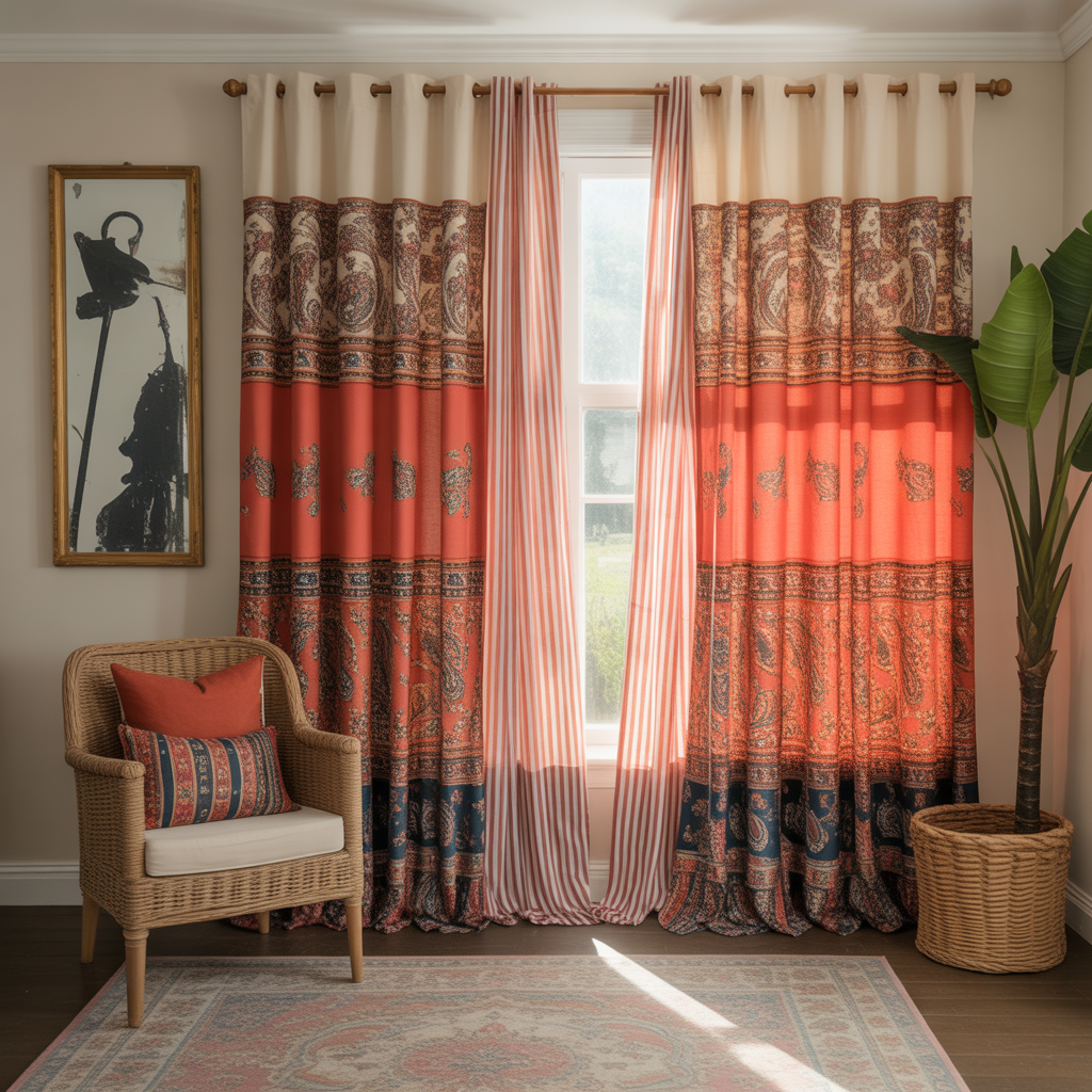 Boho Curtains: 18 Inspiring Ideas to Transform Your Home with Free-Spirited Charm 3 Layered Boho Curtains with Mixed Patterns