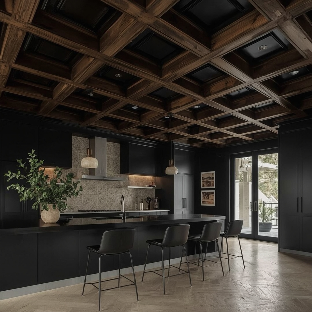 Black Japandi Kitchen: 25 Ideas for a Sophisticated Minimalist Space 24 Layered Ceiling Treatments