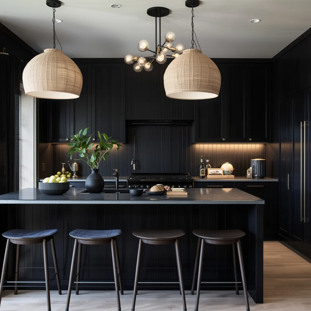 Black Japandi Kitchen: 25 Ideas for a Sophisticated Minimalist Space 5 Layered Lighting for Warmth