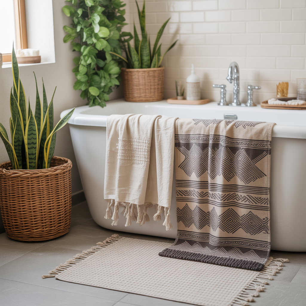 Boho Bathroom: 22 Creative Ideas for a Relaxed and Stylish Space 2 Layered Textiles for a Cozy Atmosphere