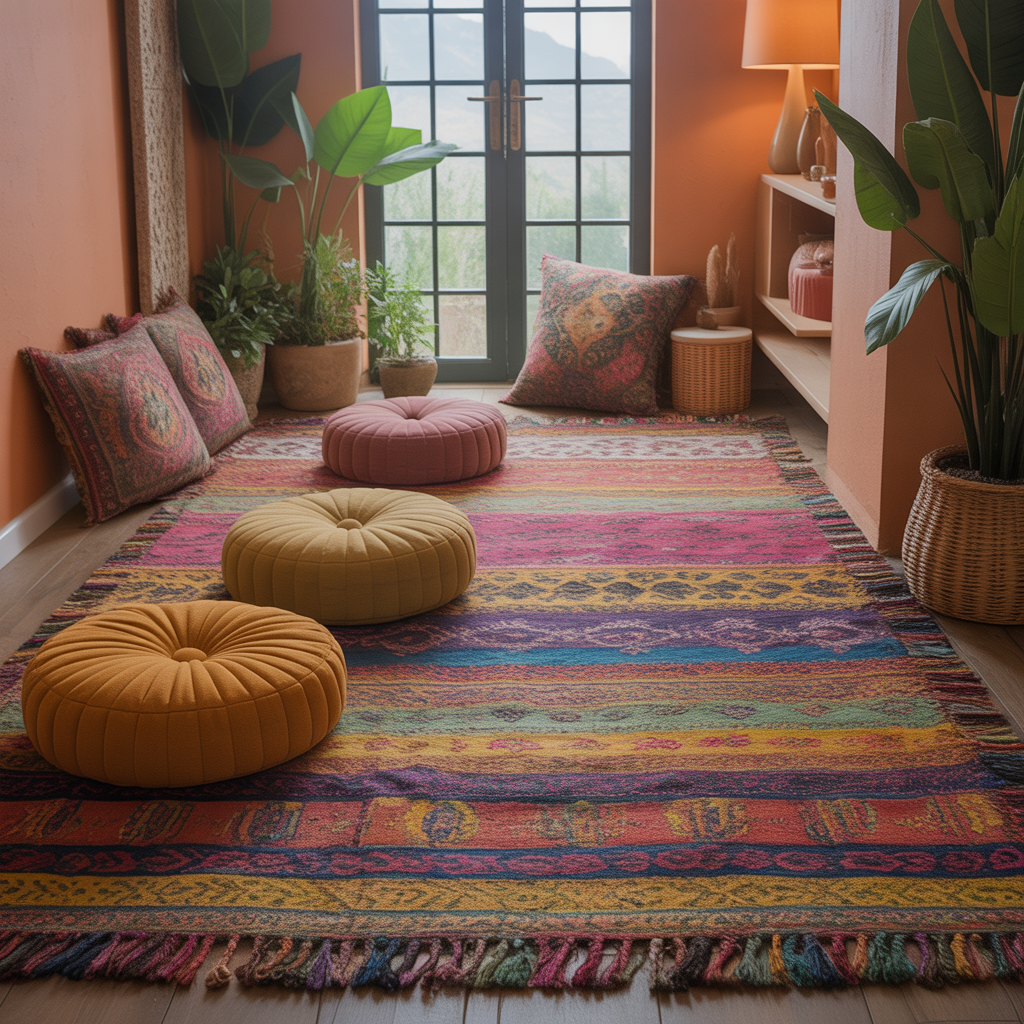 Layered Textures with Rugs and Cushions