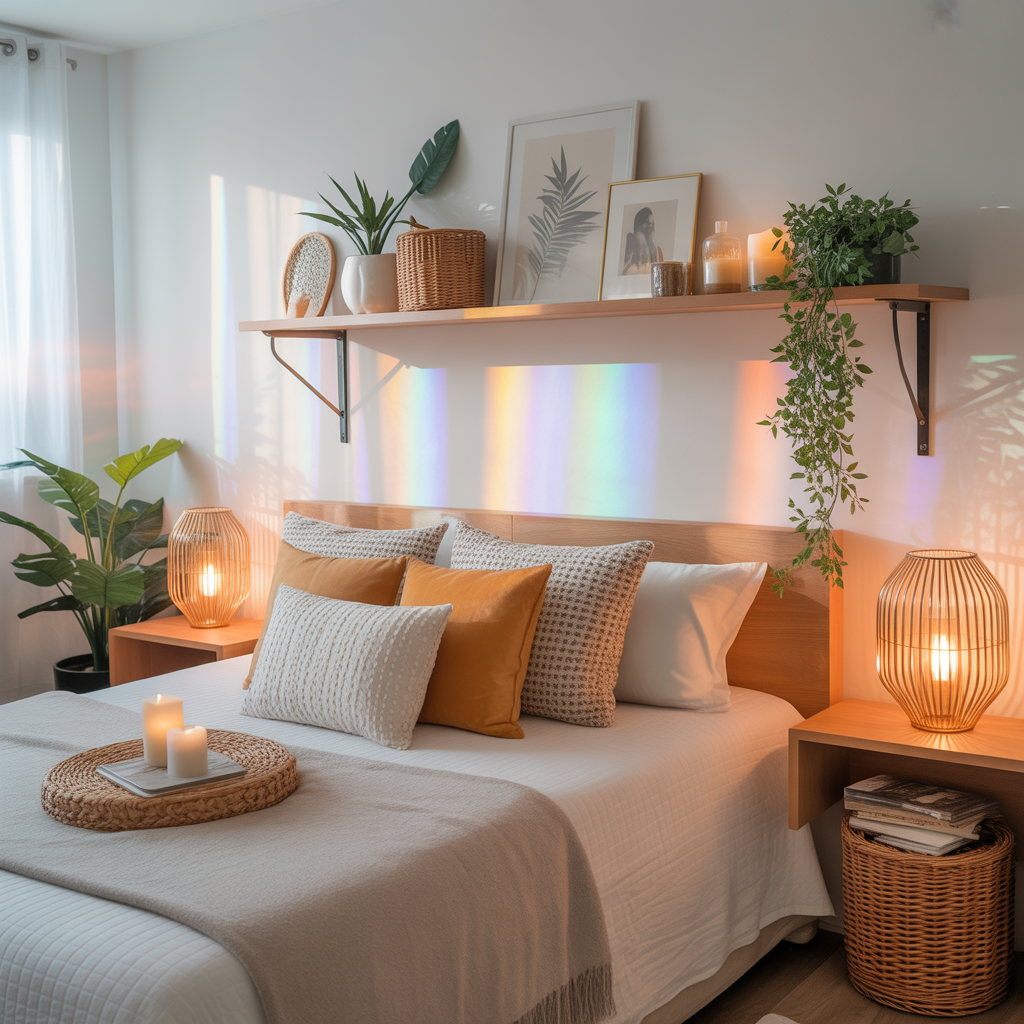 Boho Headboard: 20 Inspiring Ideas to Transform Your Bedroom 19 Minimalist Floating Shelf Headboard with Boho Styling