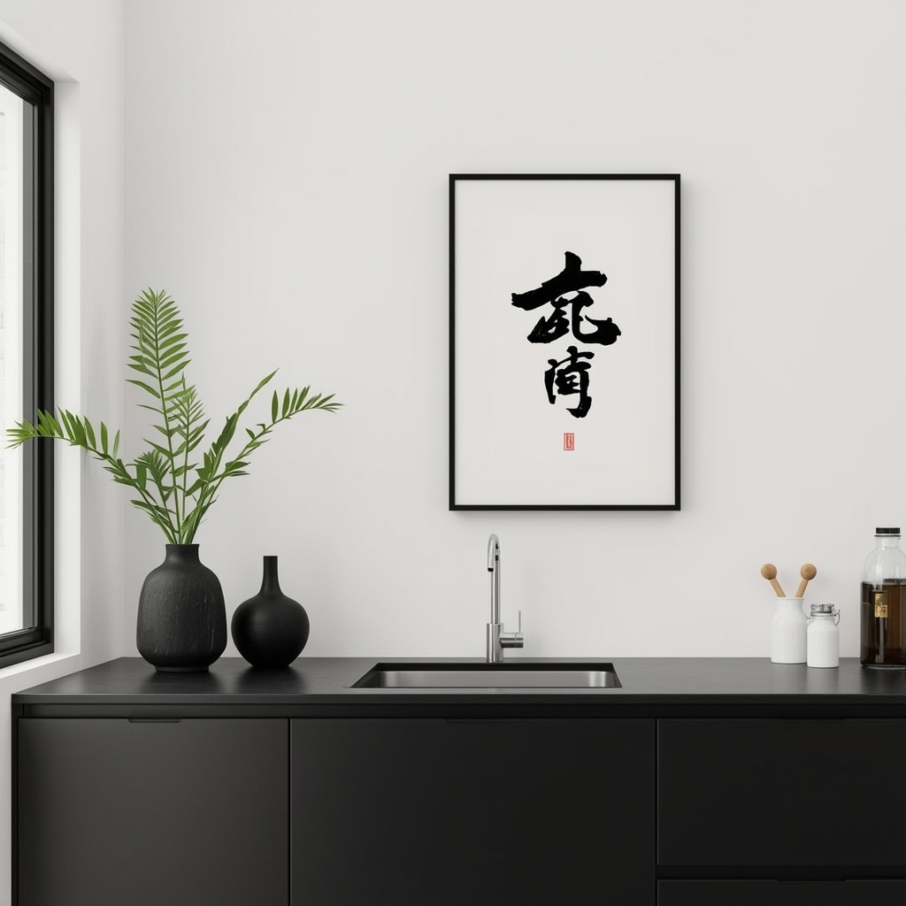 Black Japandi Kitchen: 25 Ideas for a Sophisticated Minimalist Space 23 Minimal Art and Calligraphy Decor