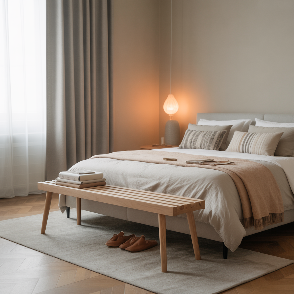 Small Bedroom Sitting Area: 15 Creative Ideas to Maximize Comfort and Style 8 Minimalist Bench at the Bed’s End
