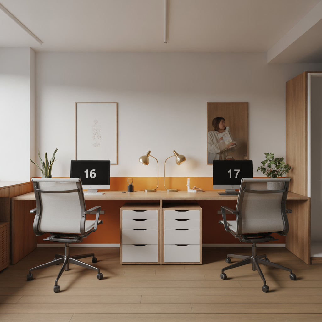 Small Home Office Double Desk :15 Ideas for smart and Productivity Style 9 Minimalist Scandinavian-Inspired Double Desk