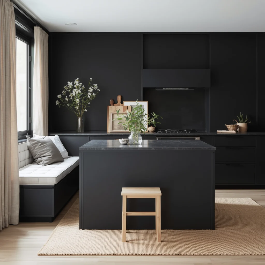 Black Japandi Kitchen: 25 Ideas for a Sophisticated Minimalist Space 10 Natural Textiles and Soft Elements