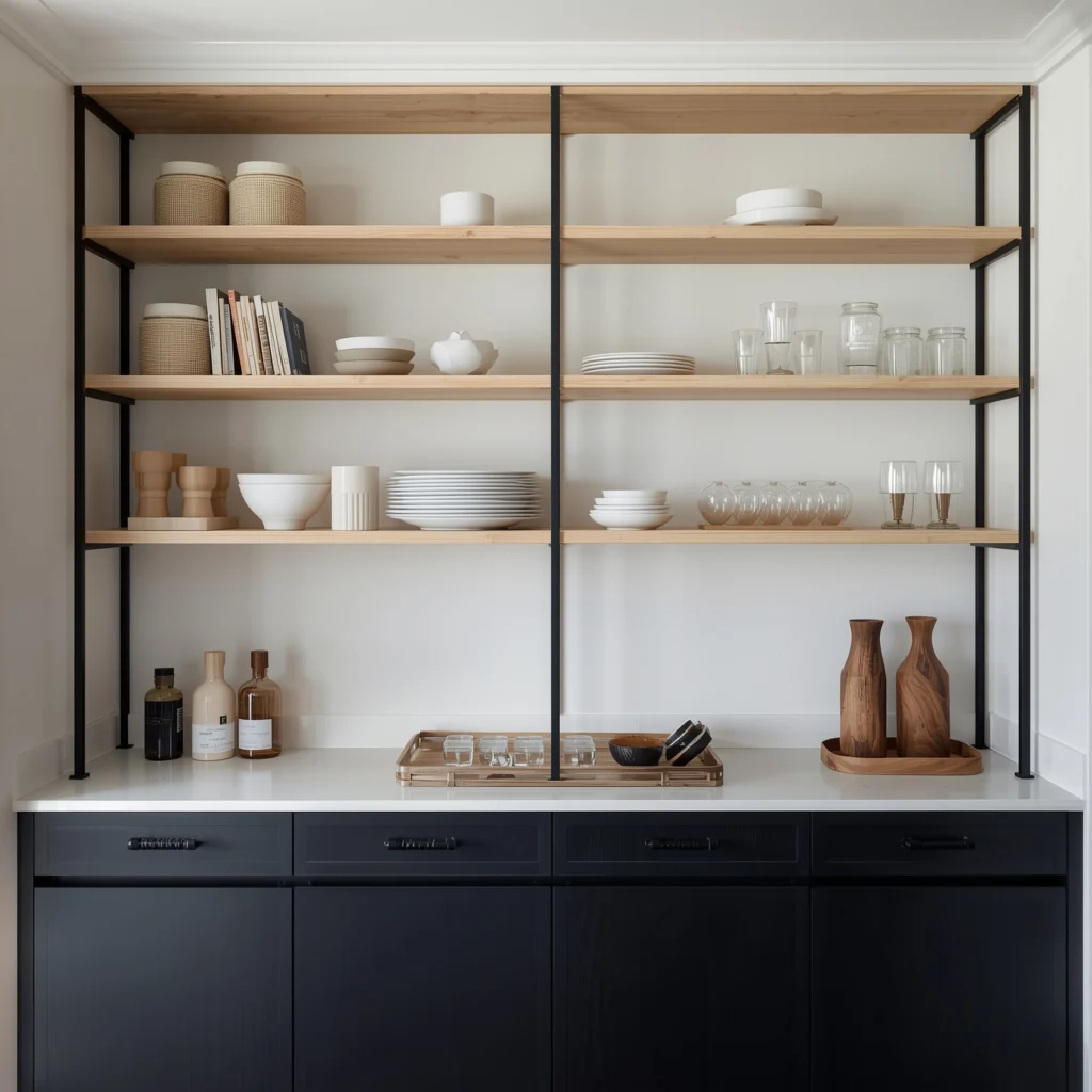 Black Japandi Kitchen: 25 Ideas for a Sophisticated Minimalist Space 4 Open Shelving with Functional Styling