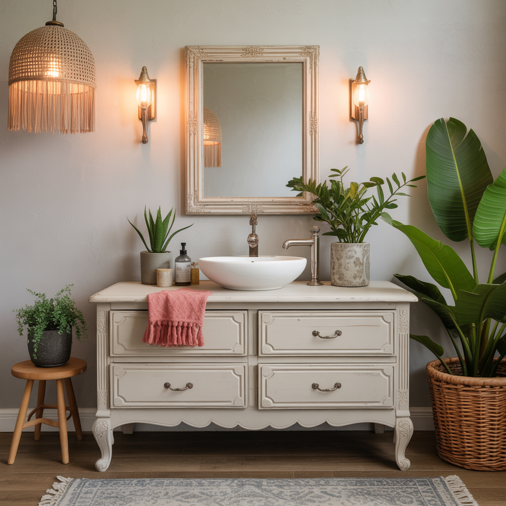 Boho Bathroom: 22 Creative Ideas for a Relaxed and Stylish Space 19 Repurposed Furniture as Vanity
