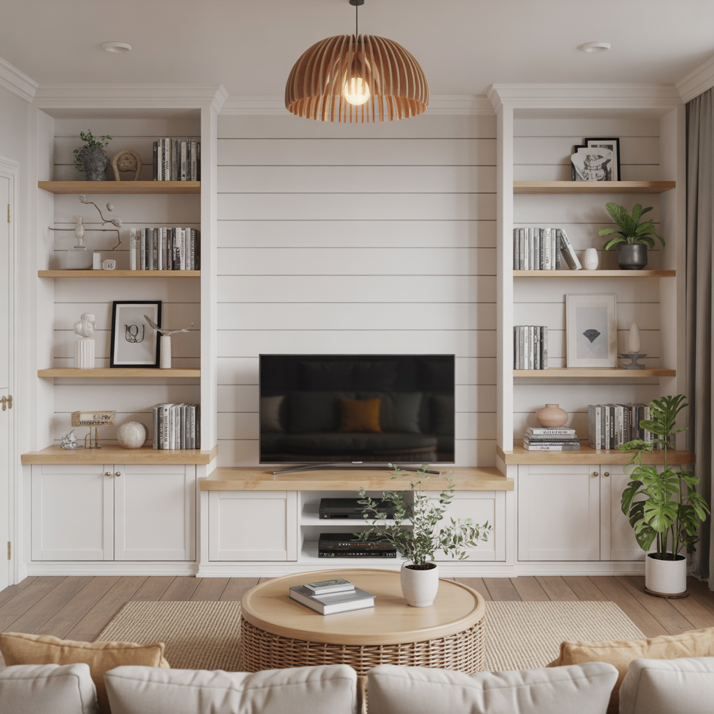 Shiplap Wall Living Room: 15 Inspiring Ideas for a Stylish and Cozy Space 11 Shiplap Behind Built-In Shelving