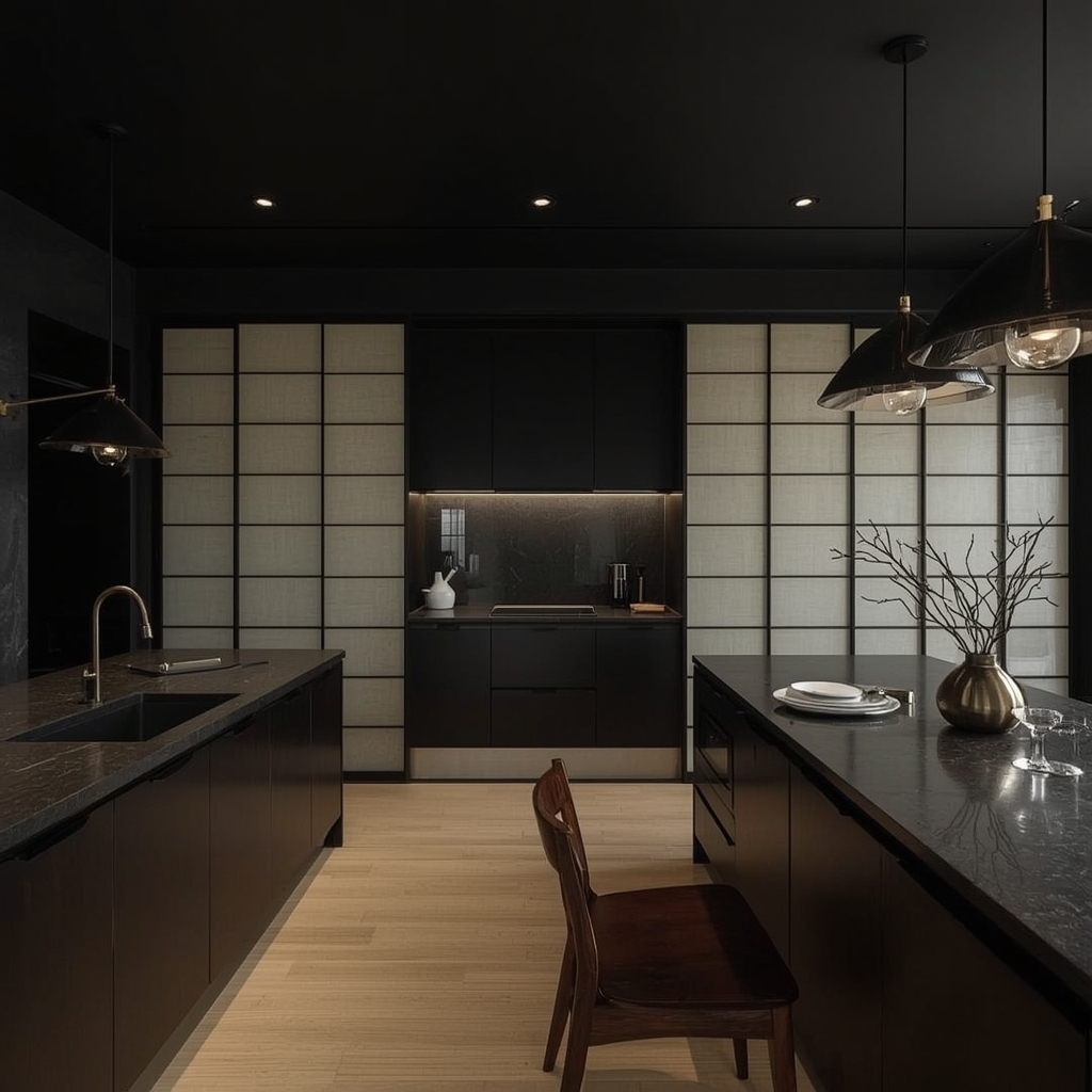 Black Japandi Kitchen: 25 Ideas for a Sophisticated Minimalist Space 12 Sliding Doors and Minimal Partitions