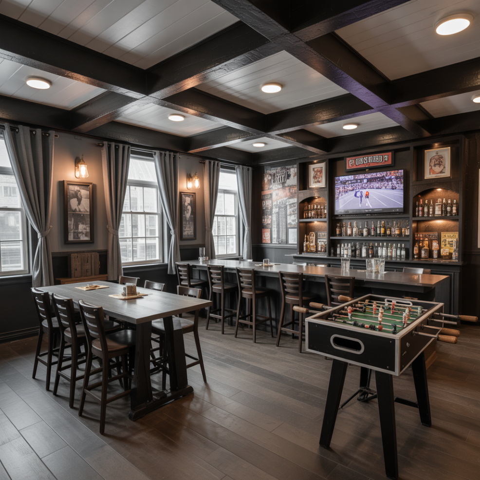 Adult Game Room: 18 Detailed Ideas for the Perfect Entertainment Space 7 Sports Bar Style Setup