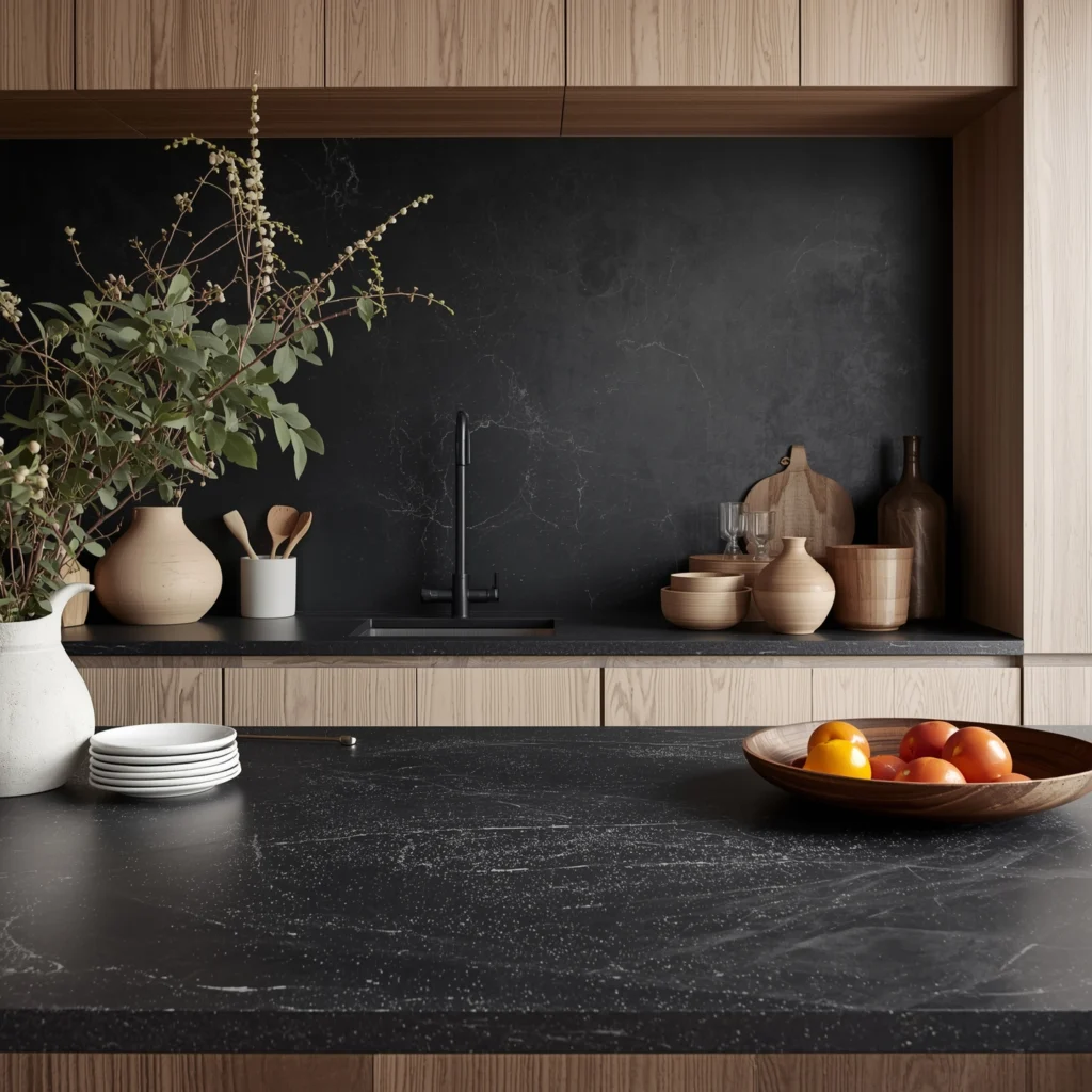 Black Japandi Kitchen: 25 Ideas for a Sophisticated Minimalist Space 2 Stone Countertops with Natural Texture
