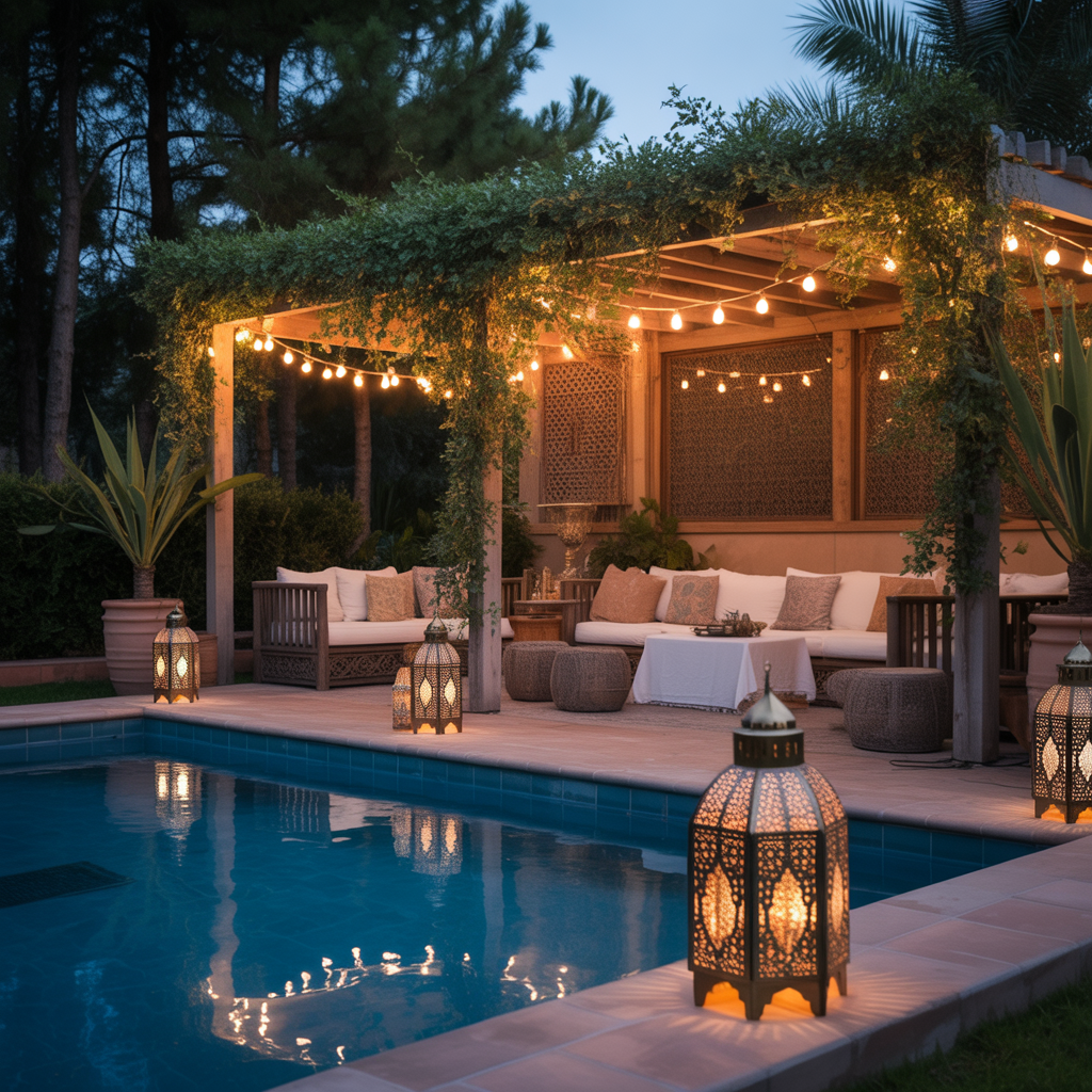 Boho Pool Area : 15 Stunning Ways to Transform Your Backyard Oasis 6 Style with Moroccan Lanterns and String Lights