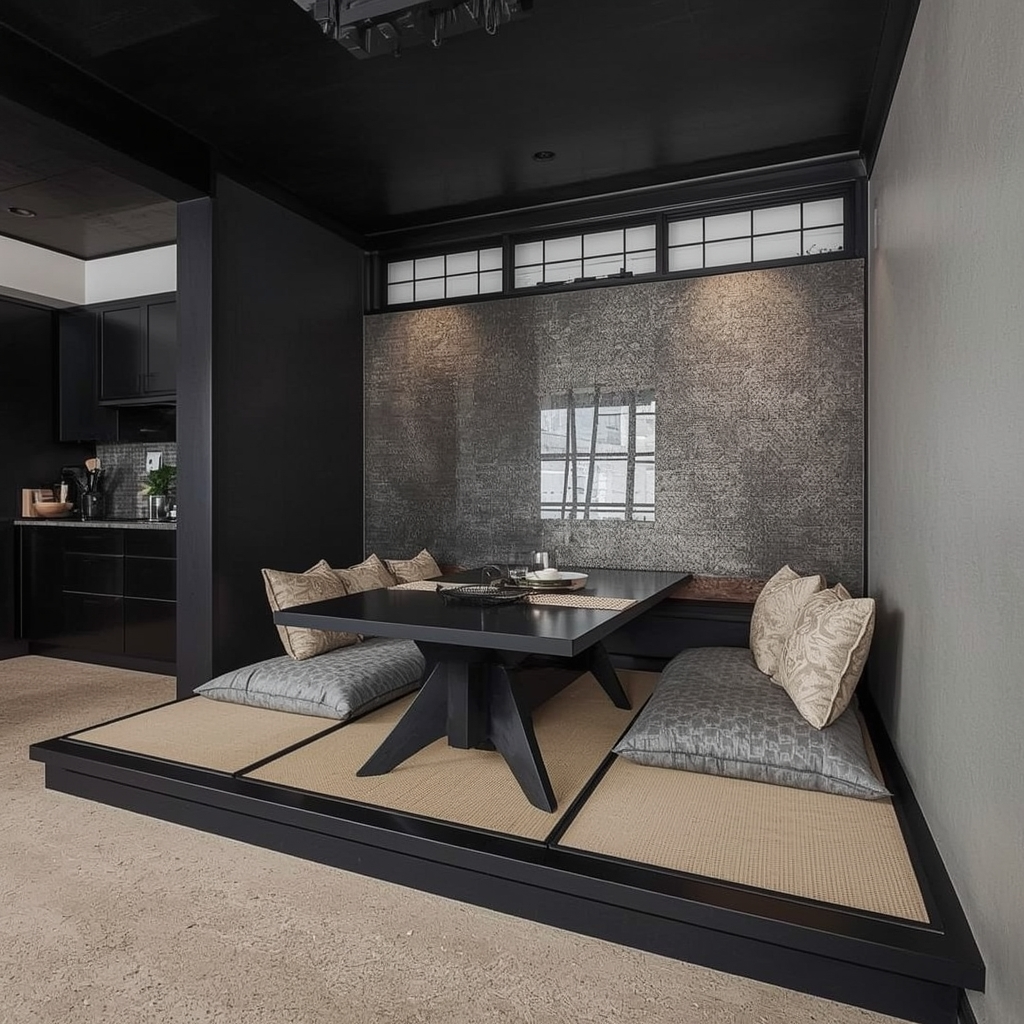 Black Japandi Kitchen: 25 Ideas for a Sophisticated Minimalist Space 19 Tatami-Inspired Seating Area