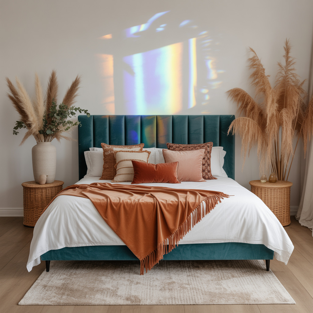 Boho Headboard: 20 Inspiring Ideas to Transform Your Bedroom 17 Velvet Upholstered Boho Headboard in Jewel Tones