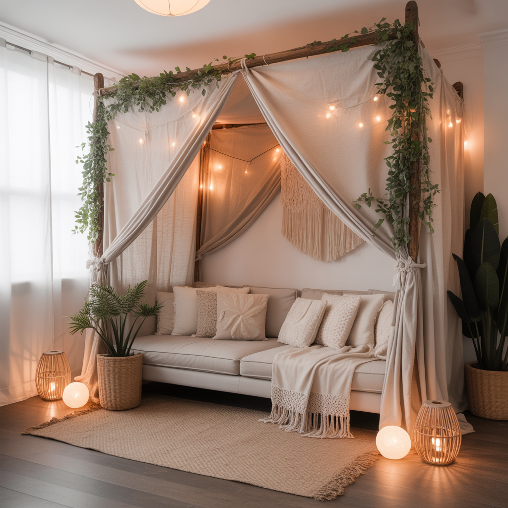 Boho Couch with Canopy or Draped Fabric