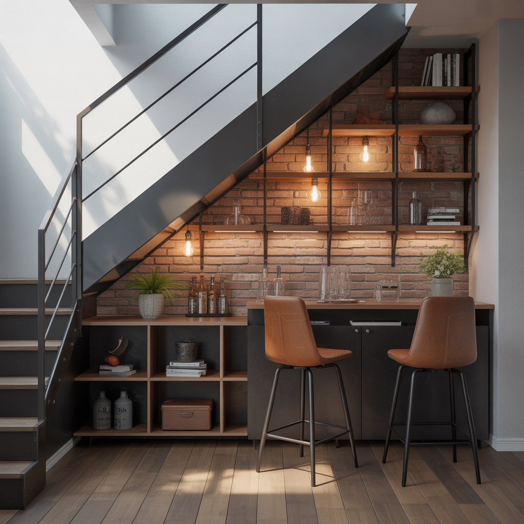 Industrial-Style Under Stairs Bar