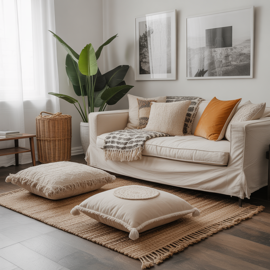 Floor Pillows Living Room Boho: 20 Inspiring Ideas to Elevate Your Space 6 Combining Floor Pillows Living Room Boho with Boho Rugs