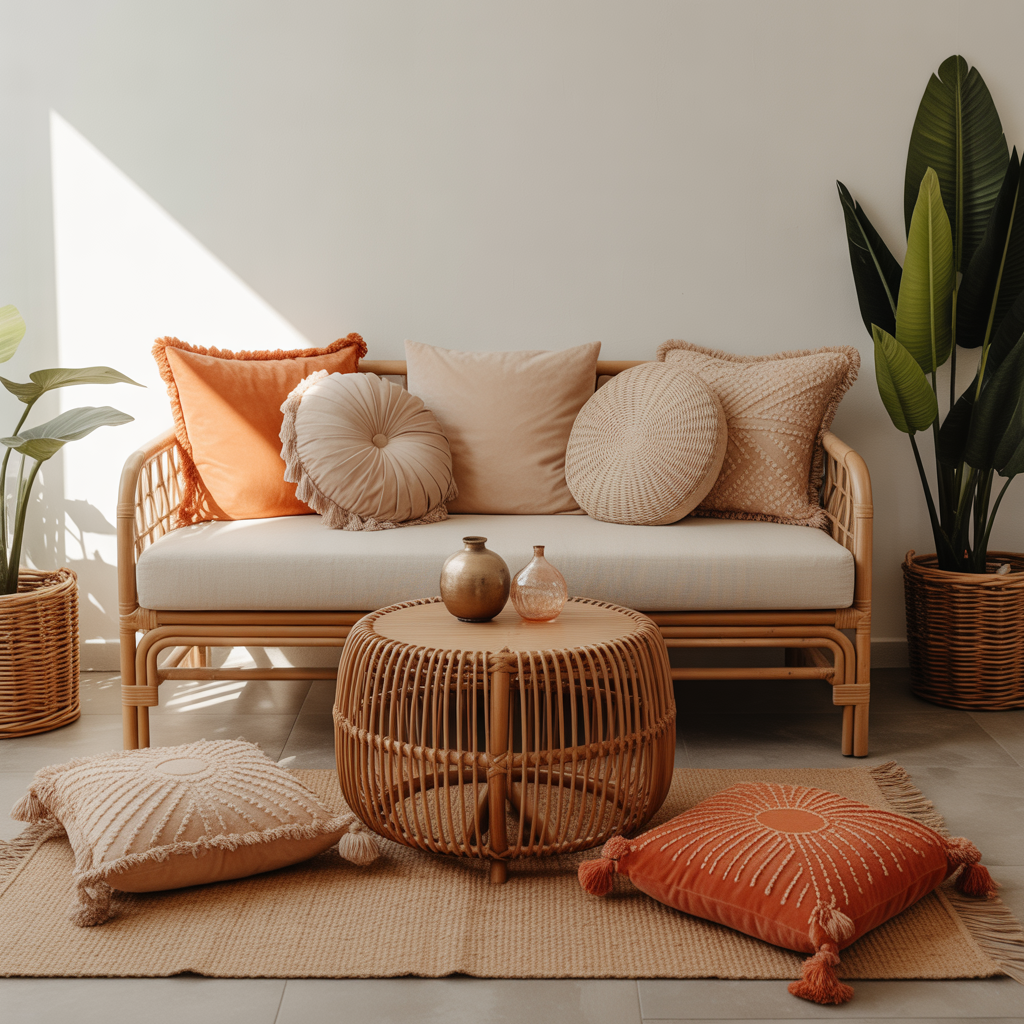 Floor Pillows Living Room Boho: 20 Inspiring Ideas to Elevate Your Space 10 Pairing with Rattan and Bamboo Furniture