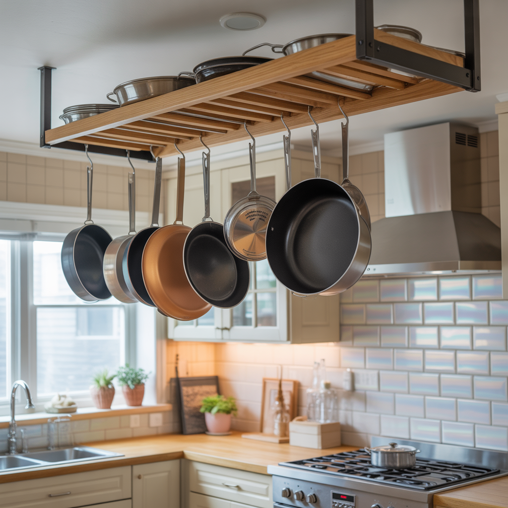 Kitchen Storage: 20 Genius Ideas for a More Organized Space 2 Overhead Hanging Racks for Cookware