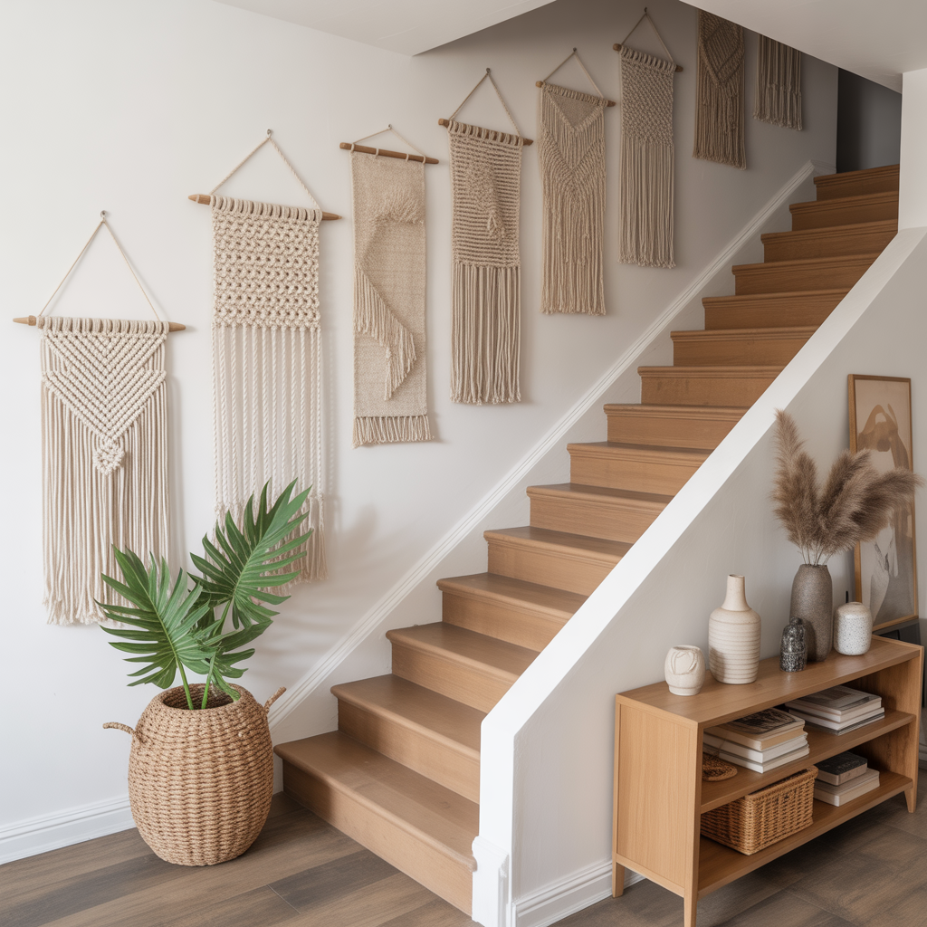 Boho Staircase: 20 Inspiring Ideas to Transform Your Home with Style 2 Woven Wall Hangings Along the Staircase Wall