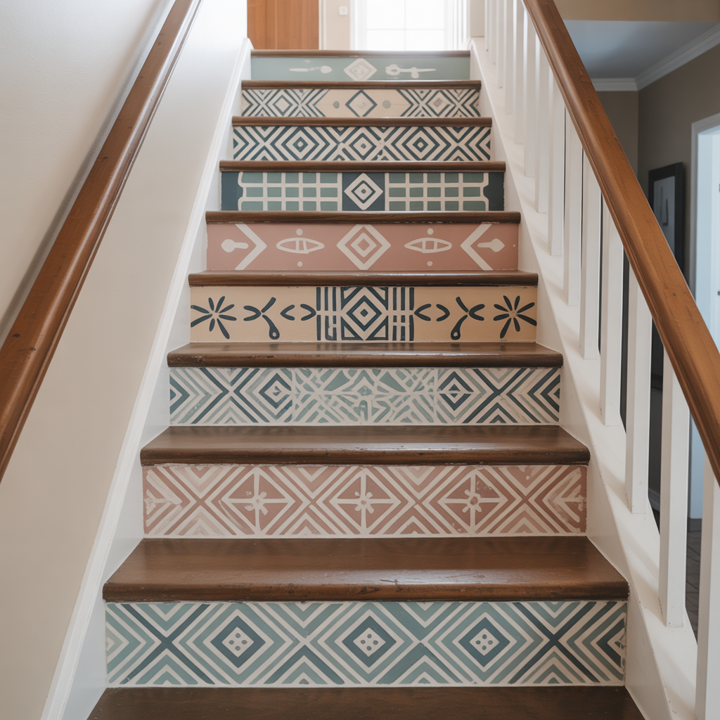 Boho Staircase: 20 Inspiring Ideas to Transform Your Home with Style 3 Painted Stair Risers with Geometric or Tribal Patterns