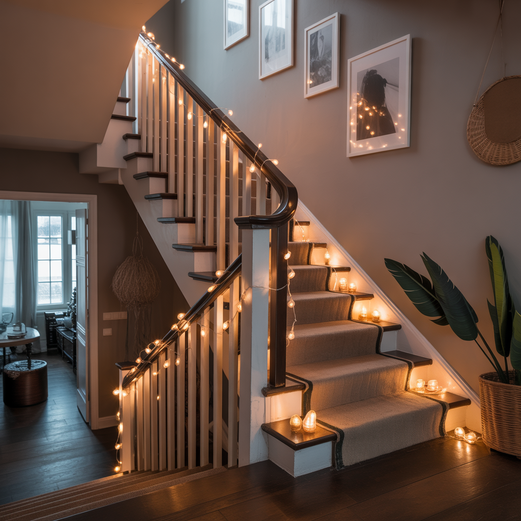 Boho Staircase: 20 Inspiring Ideas to Transform Your Home with Style 8 String Lights Draped Along the Banister