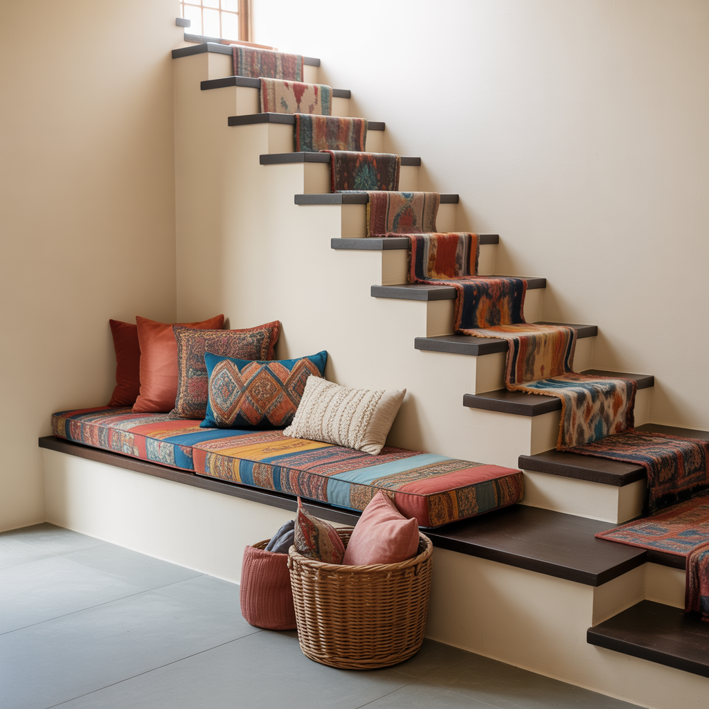 Boho Staircase: 20 Inspiring Ideas to Transform Your Home with Style 9 Colorful Cushions on Staircase Seating Nooks
