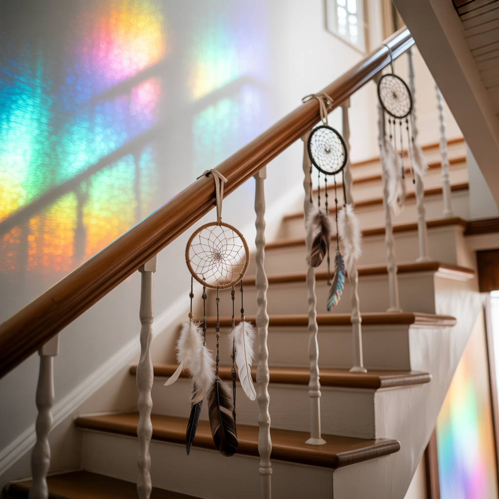 Boho Staircase: 20 Inspiring Ideas to Transform Your Home with Style 12 Dreamcatchers and Hanging Charms Along the Rail
